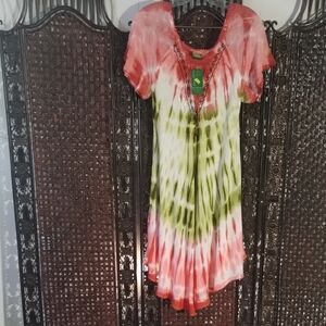 Tie-Dye Short Sleeve Summer Dress in Watermelon Colors Free Size Beach Cover Up